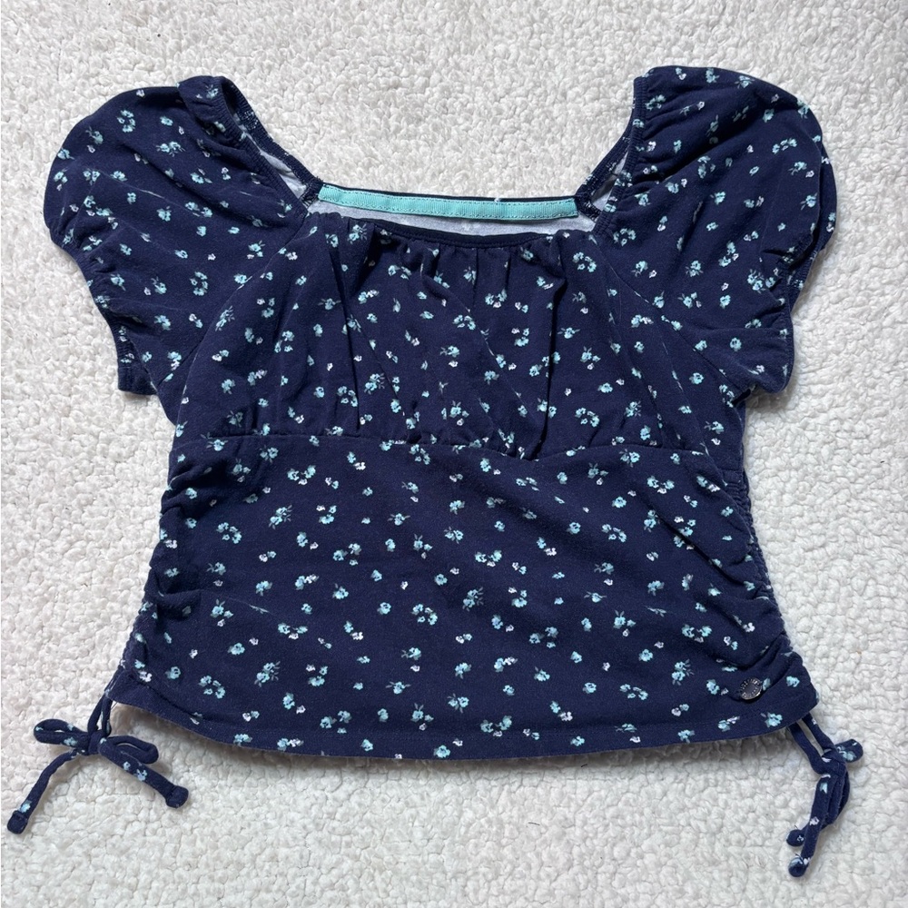 Justice Navy Floral Puff-Sleeve Top with Light Blue Accents